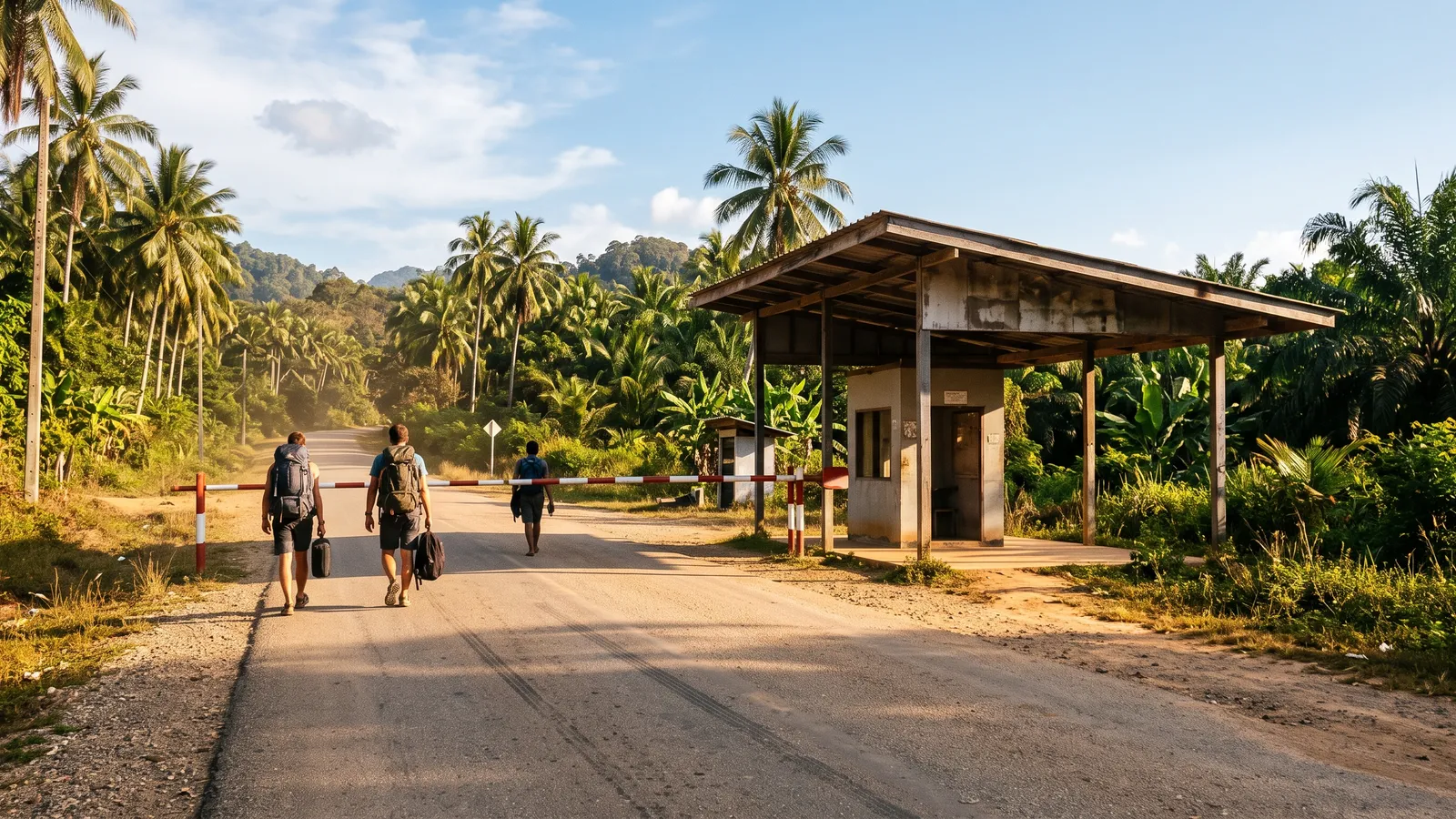 Travelers with backpacks walking across a land border checkpoint on a tropical road