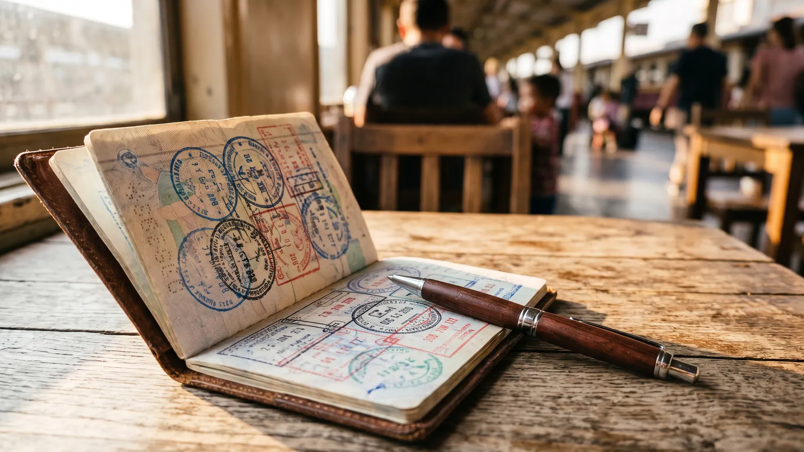 An open passport page covered in colorful entry and exit stamps