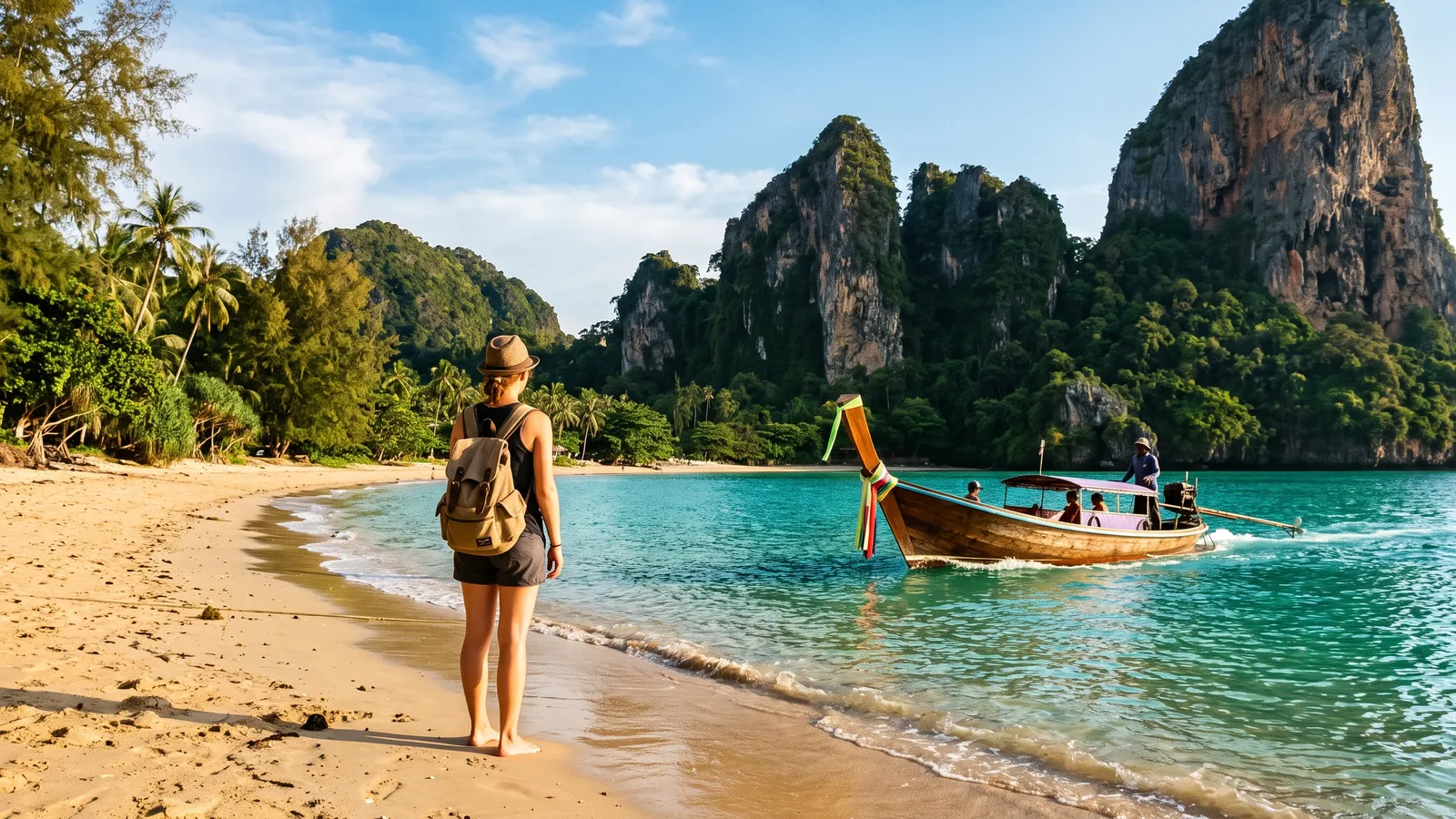 A long-tail boat beside limestone cliffs on a Thai beach