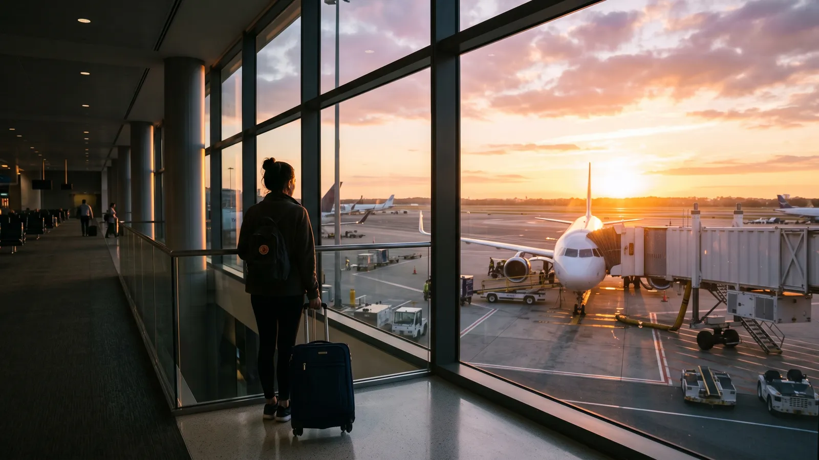 A traveler watching a plane at the gate through a tall airport window at sunset